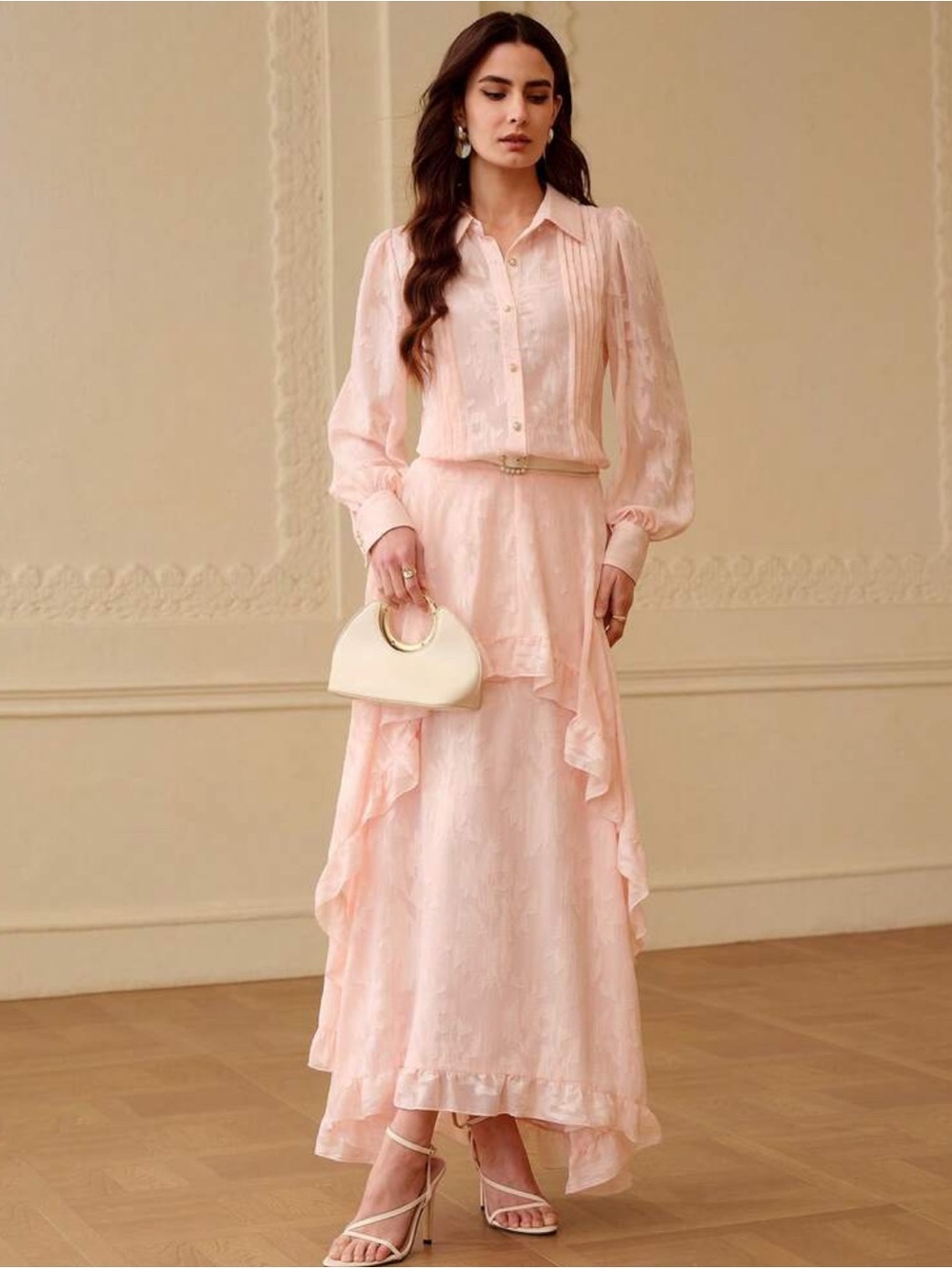 Chiffon Ruffle Maxi skirt and matching blouse in Blush Pink two-piece